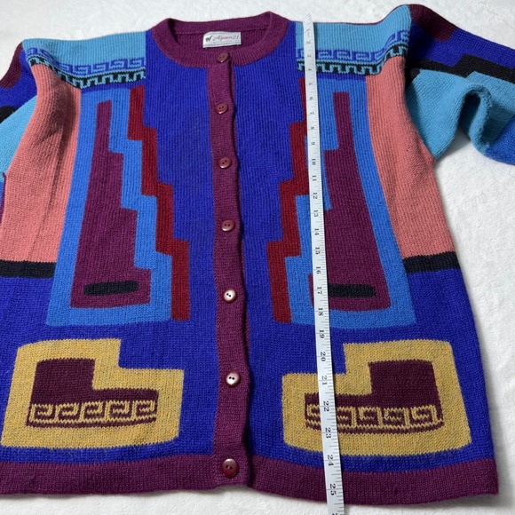 Alpaca21 Peru 100% Alpaca Geometric Cardigan Sweater Blue Purple Pink Size Large - Picture 3 of 7